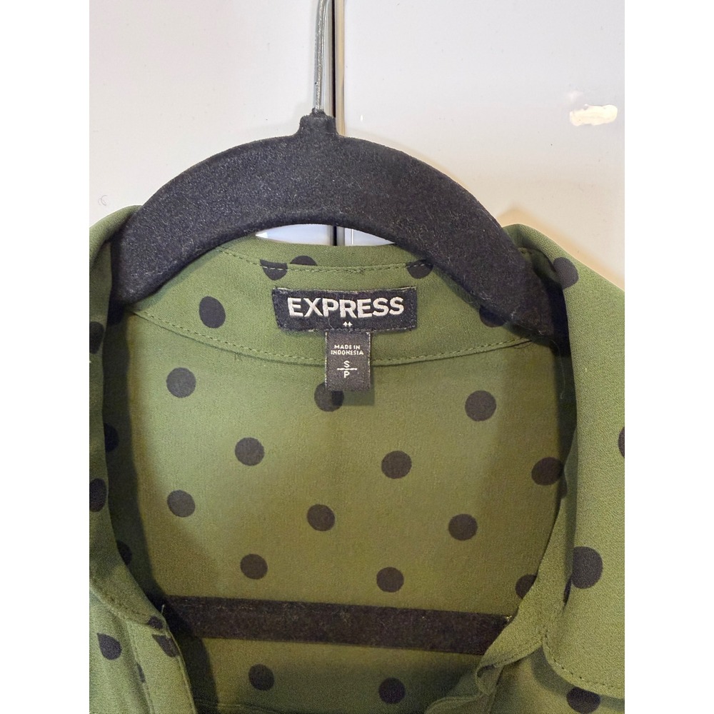 Express olive green polka dot Portofino shirt button-down top point collar S/P - Picture 3 of 7